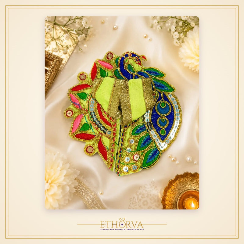 Elegant Cotton Laddu Gopal Poshak – Size 0, Parrot Green Peacock