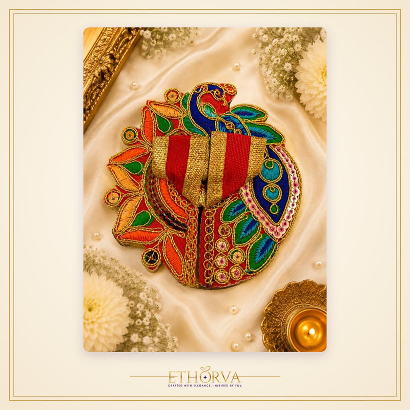Elegant Cotton Laddu Gopal Poshak – Size 0, Red & Blue Peacock