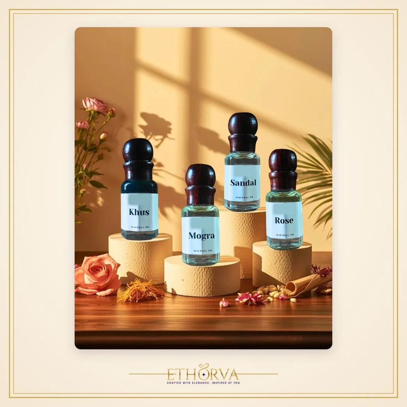 Premium Summer Attar Combo – Sandal, Rose, Khus & Mogra