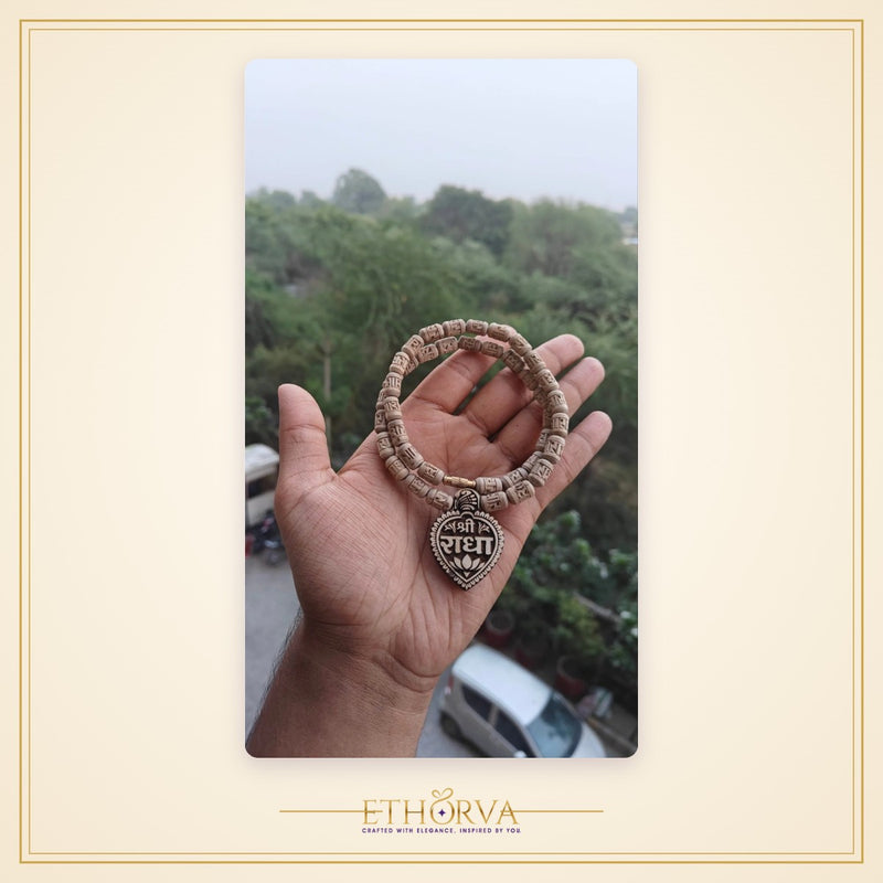 Shree radha heart shaped tulsi locket mala with handcrafted radha beads